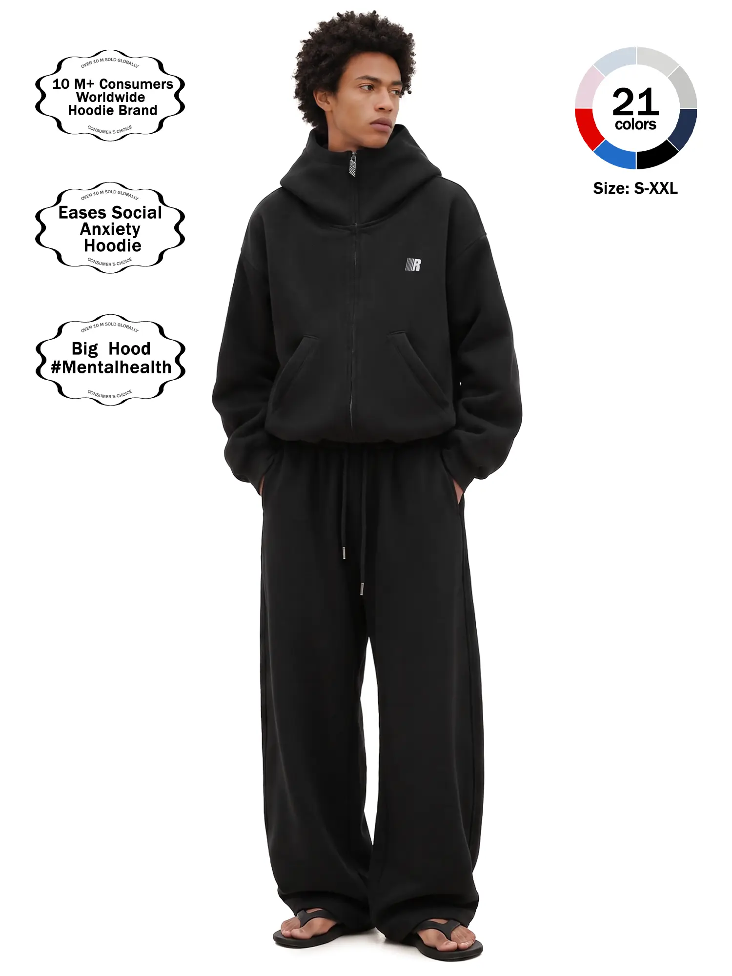 FDR Eases Social Anxiety Hoodie | Big Hood Oversized Zip Up Hoodie for Men & Women | High Neck Heavyweight Embroidered Letter Sweatshirt Loose Fit Casual Basic Long Sleeve Top Streetwear Classic Pant Set