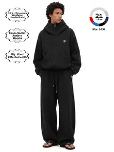 FDR Eases Social Anxiety Hoodie | Big Hood Oversized Zip Up Hoodie for Men & Women | High Neck Heavyweight Embroidered Letter Sweatshirt Loose Fit Casual Basic Long Sleeve Top Streetwear Classic Pant Set