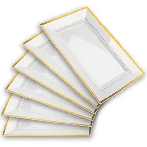 Elegant Plastic Serving Tray & Platter Set (6pk) White & Gold Rim Disposable Serving Trays & Platters for Food Weddings Upscale Parties Dessert Table Cupcakes 8 x 12.85 inches