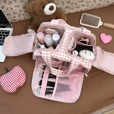 Women's Nylon Plaid Waterproof Toiletry Bag - Foldable, High-Capacity Makeup Storage Bag, Leakproof Lightweight Dustproof Travel Pouch with Handle, Wide-Open Grid & Multi-Compartment Built-in Organizer for Travel Accessories