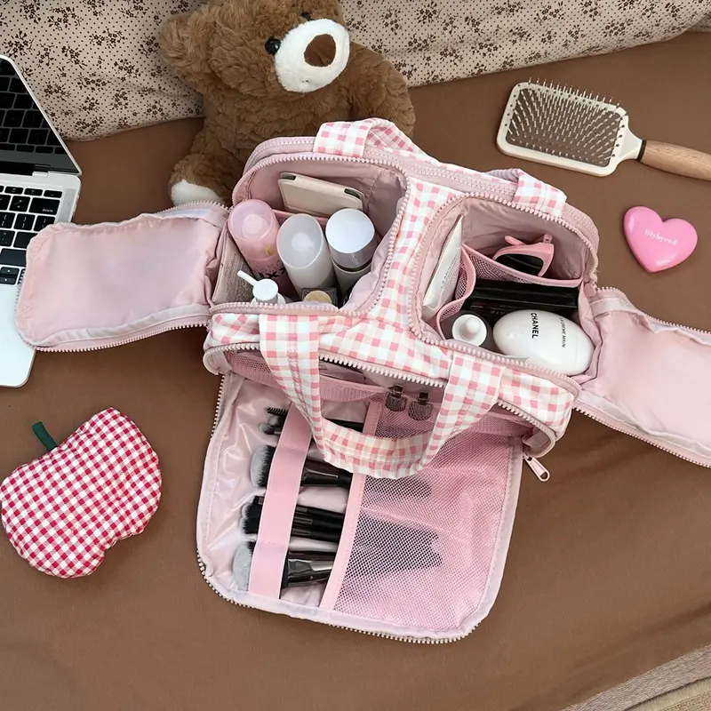 Women's Nylon Plaid Waterproof Toiletry Bag - Foldable, High-Capacity Makeup Storage Bag, Leakproof Lightweight Dustproof Travel Pouch with Handle, Wide-Open Grid & Multi-Compartment Built-in Organizer for Travel Accessories