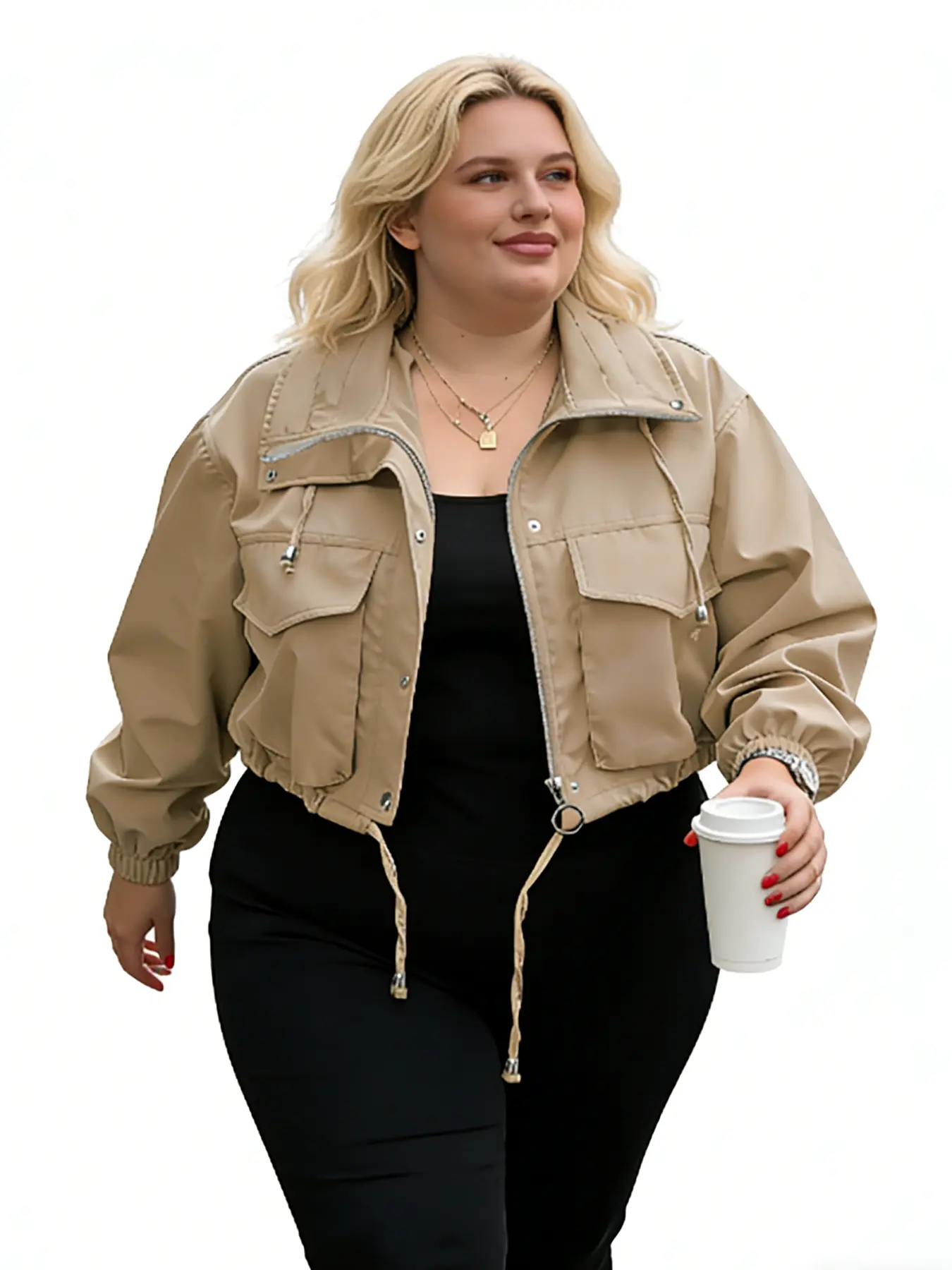 Aswulk Plus Size Womens Cropped Bomber Jacket 2026 Trendy Zip Up Lightweight Utility Collar and Hem Drawstring Coat With Pockets