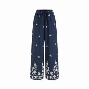 Cider Floral Embroidery Mid Rise Wide Leg Trousers