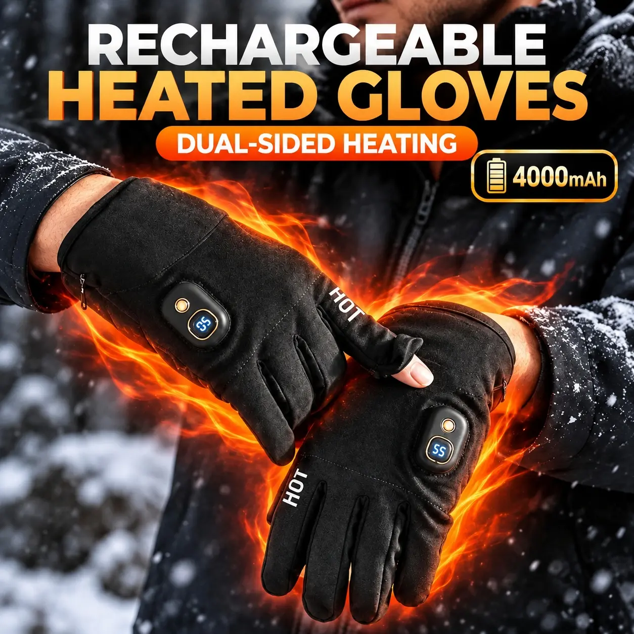 Rechargeable Heated Gloves for Men & Women, 3000mAh Battery, 3 Heat Levels, Back of Hand & Finger Heating, Touchscreen Winter Gloves for Skiing, Cycling & Outdoor Activities