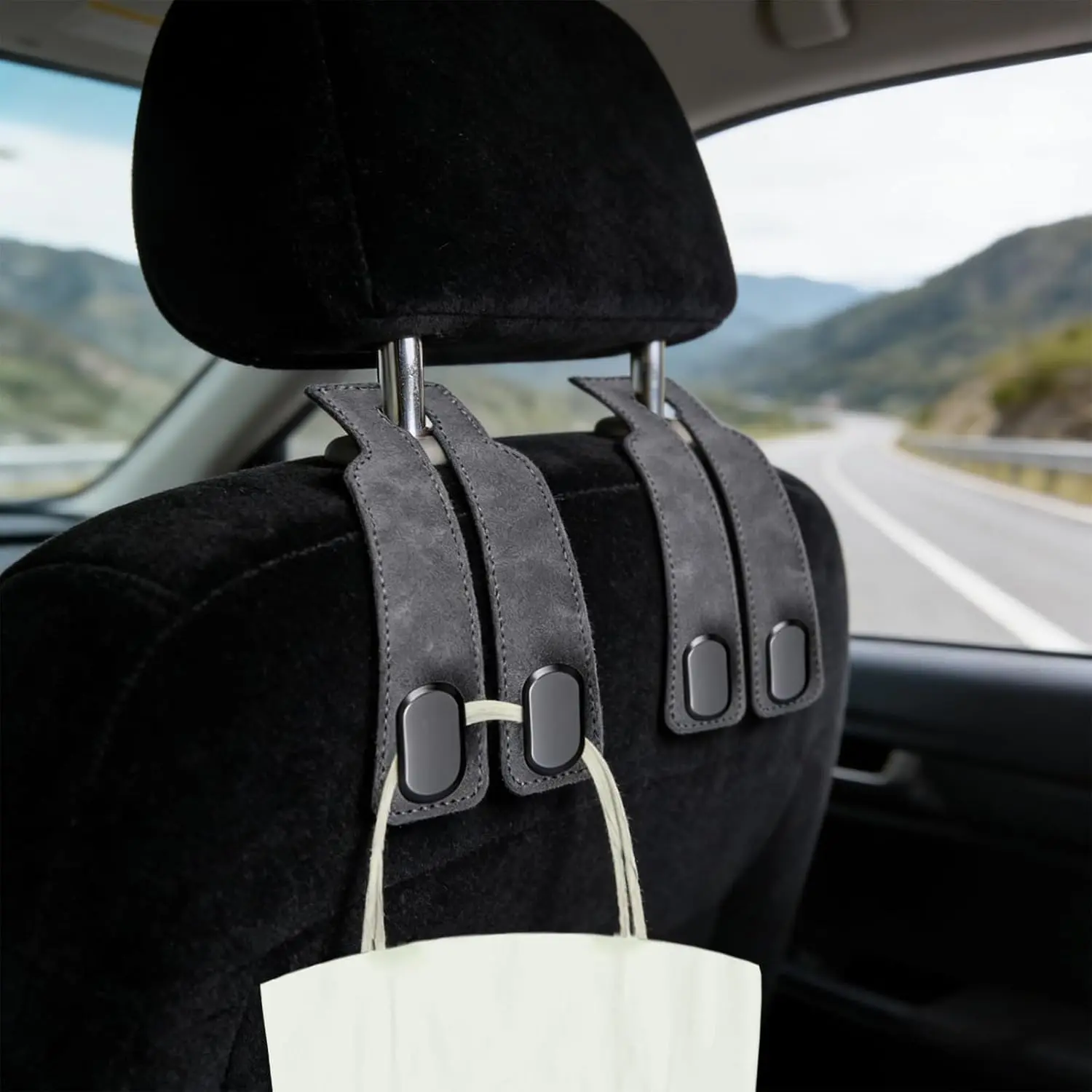 Universal Car Headrest Hanger Hooks Set, 2-Piece 360° Swivel Double Hooks with Leather Cover, Heavy Duty 16lb Capacity Backseat Storage Holder for Handbags, Shopping Bags, and More