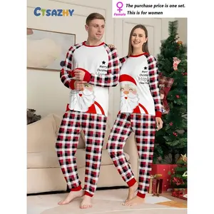 Male/female couple Christmas long-sleeved and long pants set, Santa Claus and classic check print, holiday home wear, comfortable fabric, holiday shopping, Christmas set, couple set