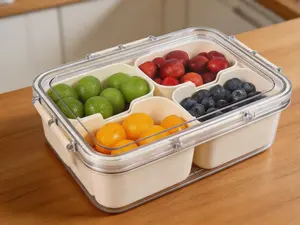 Divided snack container with four compartments and a sealed lid. Suitable for storing fruits, candies and assorted snacks, ideal for parties, outings and daily gatherings.