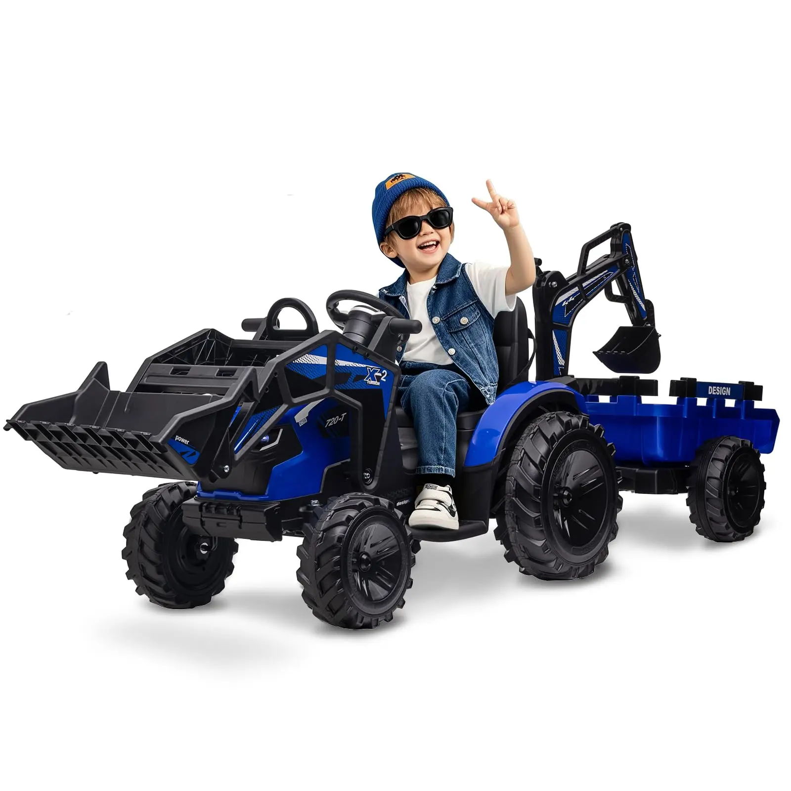 GARVEE 3 in 1 Ride On Tractor Electric Vehicle with 24V Battery, Remote Control, LED Lights, Music, USB, Trailer, Excavator, Bulldozer, and Digger - Blue