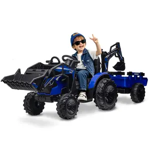 GARVEE 3 in 1 Ride On Tractor Electric Vehicle with 24V Battery, Remote Control, LED Lights, Music, USB, Trailer, Excavator, Bulldozer, and Digger - Blue