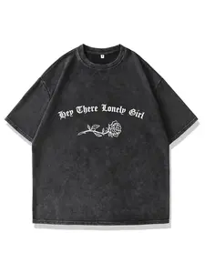 Women's Summer Street Style Rose Letter Printed Round Neck Washed T-shirtSuitable for Both Men and Women, Comfortable and Loose, Versatile, Fashionabl