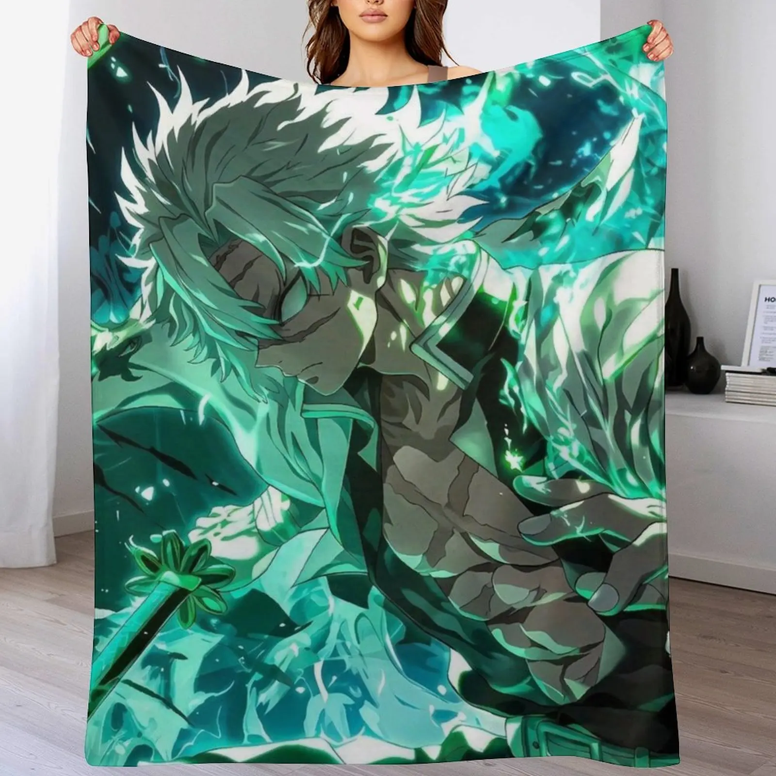 Demon Slayer Shinazugawa Sanemi Flannel Throw Blanket, Green Flame Anime Swordsman Print Fleece Blanket, Cozy Warm Blanket for Anime Fans Bedroom Couch