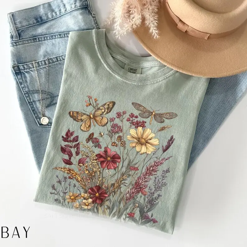 Comfort Colors Vintage Wildflowers TShirt, Floral Graphic Tee, Pressed Flowers T-shirt, Cottagecore Wildflowers Top, Moody Botanical, Butterfly Nature