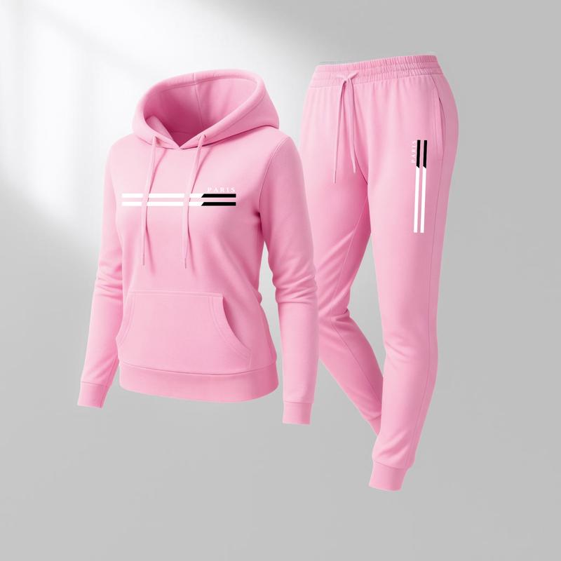 Women's PARIS Print Hoodie And Drawstring Track Pants Set, Casual Sportswear, Long-Sleeved Hooded Jacket And Pants, Suitable For Autumn And Winter, Everyday Wear, Indoor And Outdoor Sportswear, Casual Sportswear.