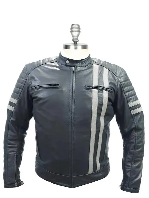 Men's Buffalo Leather Café Racer Jacket Racing Stripe Slim Fit Biker Style with Reflective Stripes