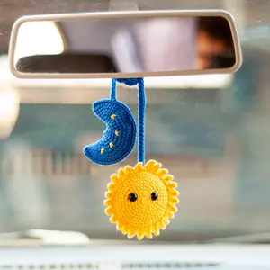 Loppy Puff - Sun And Moon Crochet, Crochet Car Hanger, Crochet Car Hanging Accessories. Car Rear View Mirror Charm. Outer Space Ornaments