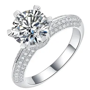 Moissanite 5CT D/VVS1 Round Cut Six-Prong Pavé Shoulder Engagement Ring – 18K White Gold Vermeil on 925 Silver, GRA Certified