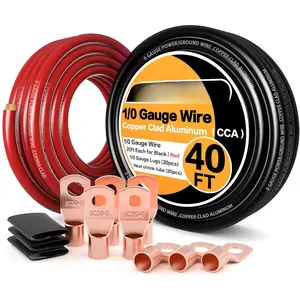 1/0 AWG   0 Gauge Wire Copper Clad Aluminum CCA Amp Wiring Kit 40FT Black/Red for Automotive Power Ground, Audio Speaker,Inverter RV  with Lug Terminals and 3:1 Heat Shrink Tube
