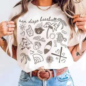 San Diego Baseball Doodle Graphic Tee, Cute San Diego Baseball Game Day Youth Shirt, San Diego Baseball T-Shirt for Men, Women and Kids