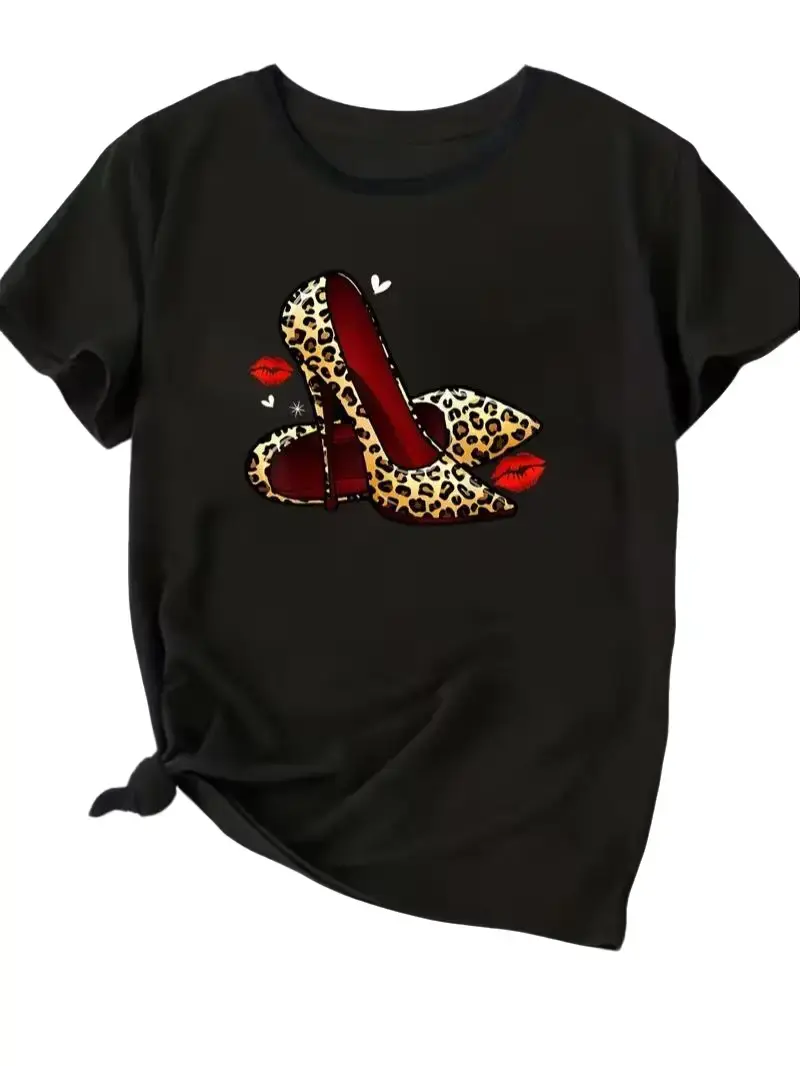Men's 100% Cotton Breathable Short-Sleeve Round-Neck Casual T-Shirt - Leopard Print High Heels Graphic, Bold Red Lip Accent, Heart Detail, Comfortable Fit