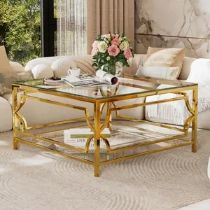 Minimalist Square Glass Coffee Table with Luxurious Geometric Metal Frame, Square Center Table with Gold Finish & Lower Shelf for Living Room, Bedroom，Transparent