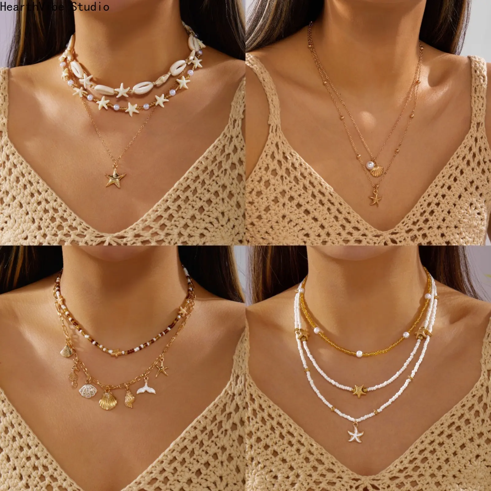 Mermaidcore Layered Adjustable Length Multi Pendant Necklace Set - Detachable High-Luster Pearl, Seashell Pendants Jewelry, Hypoallergenic Beach Vacation Necklace and Chain Gift, Whimsical Necklace, Stacking Necklace