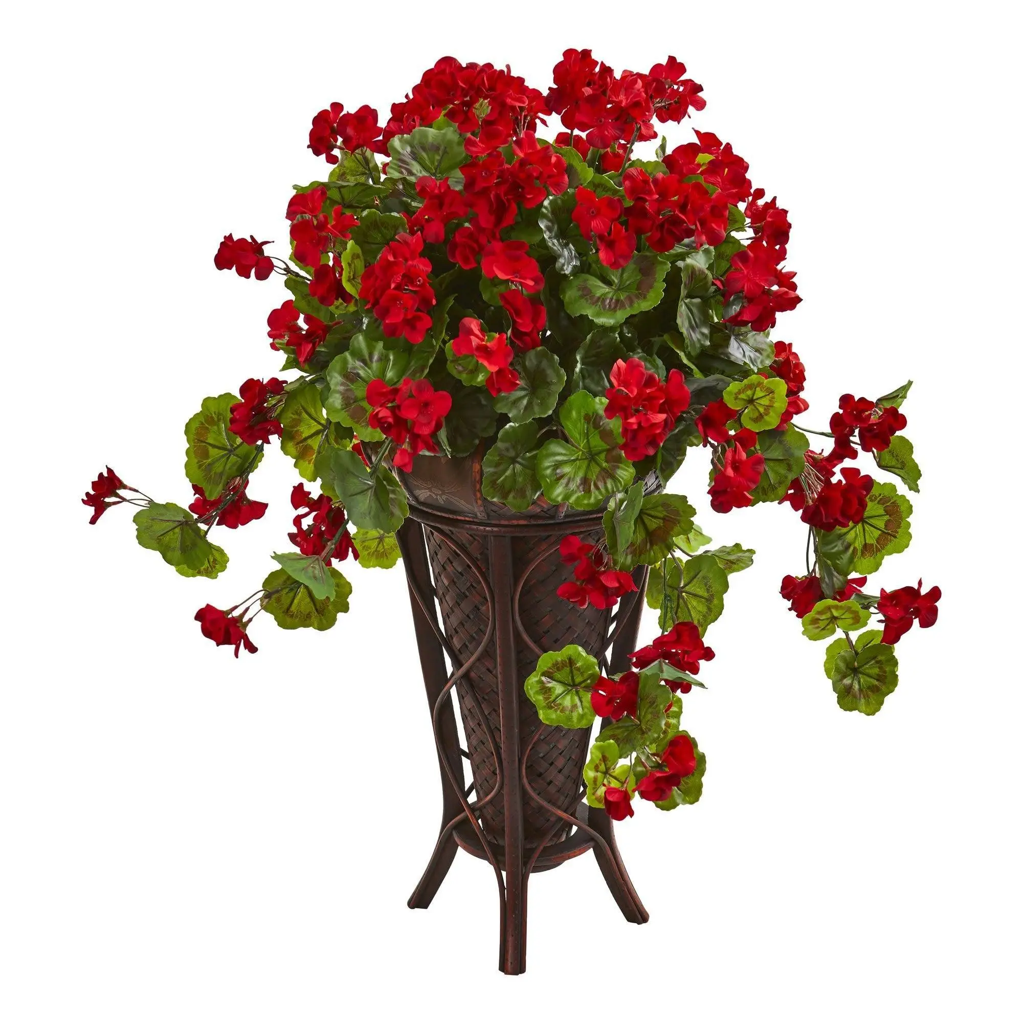 Decorative 35 In Spill-Over Plastic Artificial Geranium Flowers in Floor Stand Planter, Realistic-Look Botanical Arrangement, Fake Indoor Home Decor Plants, Housewarming Gifts