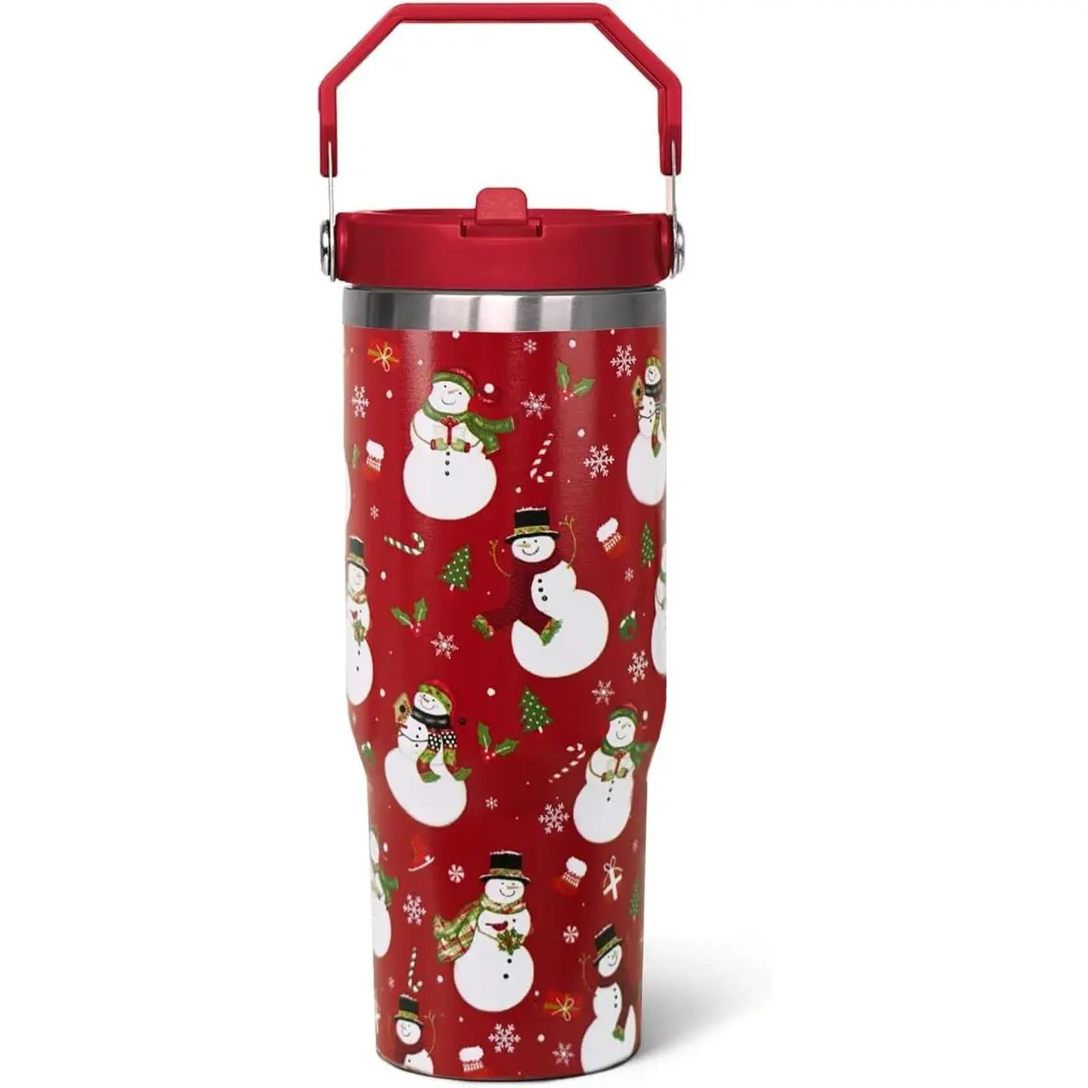 30 oz Insulated Stainless Steel Classic Casual Christmas Snowman Flip Travel Coffee Mug - Portable Kitchenware Tumbler with Handle, Lid, Straw, Transparent Bottle, Mom/Best Friend Gift, Party Decor Accessory
