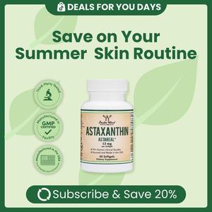 Astaxanthin | 12 mg | 60 Count | Supports antioxidant defenses, immune health, skin hydration, eye health | Double Wood Supplements