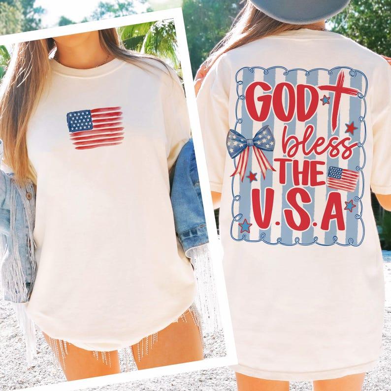 God Bless The USA TShirt – Sweatshirt – Hoodie, Patriotic Coquette Bow Shirt, American Tee, Red White and Blue, USA Tee, Preppy Patriotic Shirt, 4ht of July