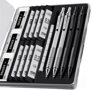 Four Candies 4PCS Metal Mechanical Pencils Set with Case, 0.5mm & 0.7 mm Artist Pencil with 8 Tubes (480PCS) HB Lead Refills, 3 Erasers,9 Eraser Refills For Writing Drafting, Drawing, Black&Sliver