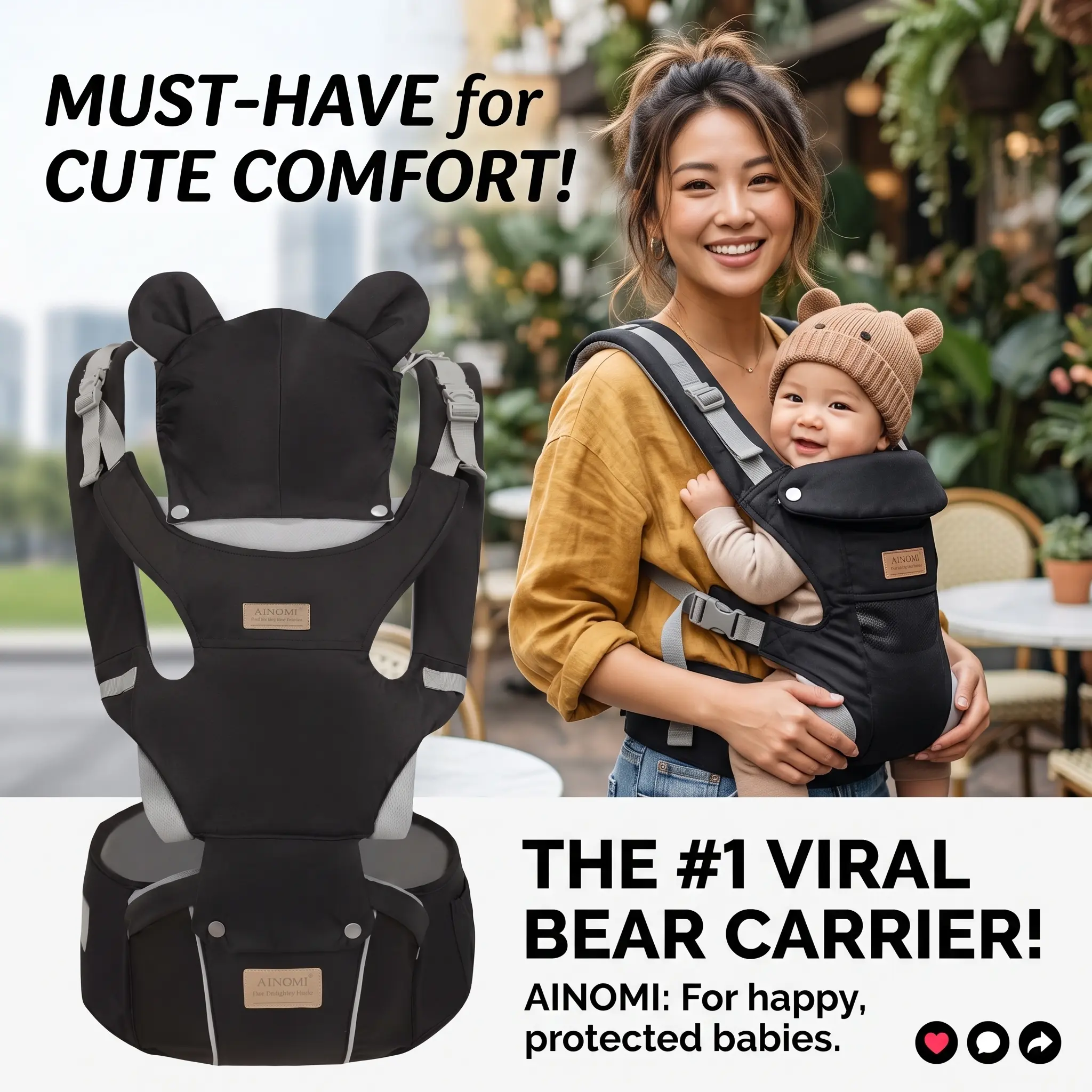 Ainomi Cute Bear Hood Baby Carrier, Ergonomic Polyester Hip Seat Backpack, Portable Button-Closure Logos Design, Breathable for Family Daily Use, Backpacks