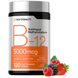 Horbäach B12 Vitamin 5000 mcg | 120 Fast Dissolve Tablets | Sublingual Methylcobalamin | Vegetarian, Non-GMO & Gluten Free Supplement