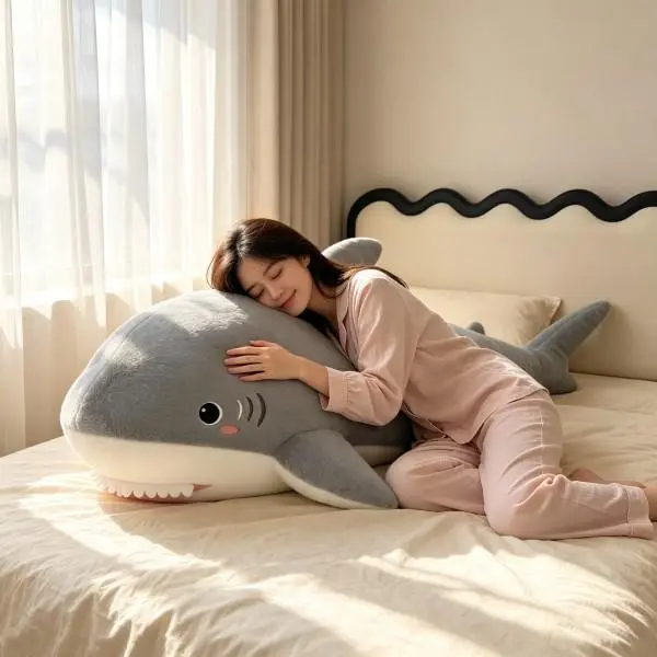 Influencer–style shark hugging pillow; soft, cute shark plush toy with realistic soft fur; great white shark plush doll; bedroom sofa decor; companion sleep toy