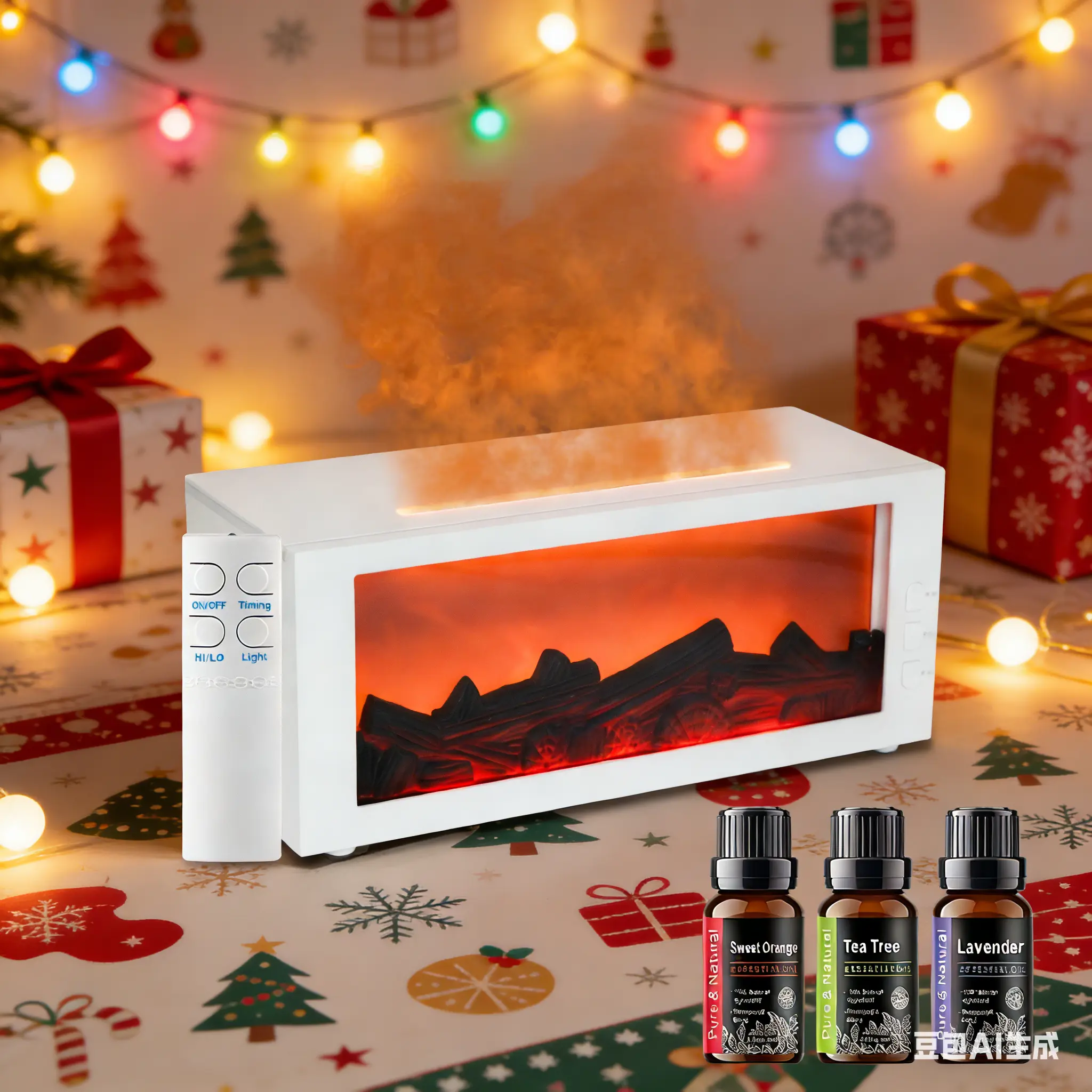 Ultrasonic Calming Diffuser Humidifier - Fireplace Design, Remote Control, 3 Essential Oils Included, LED Automatic Color Changing, Smart Timer, Desktop Atmospheric Device for Cozy Home, Perfect Gift Idea, Automatic Color-Changing Humidifier