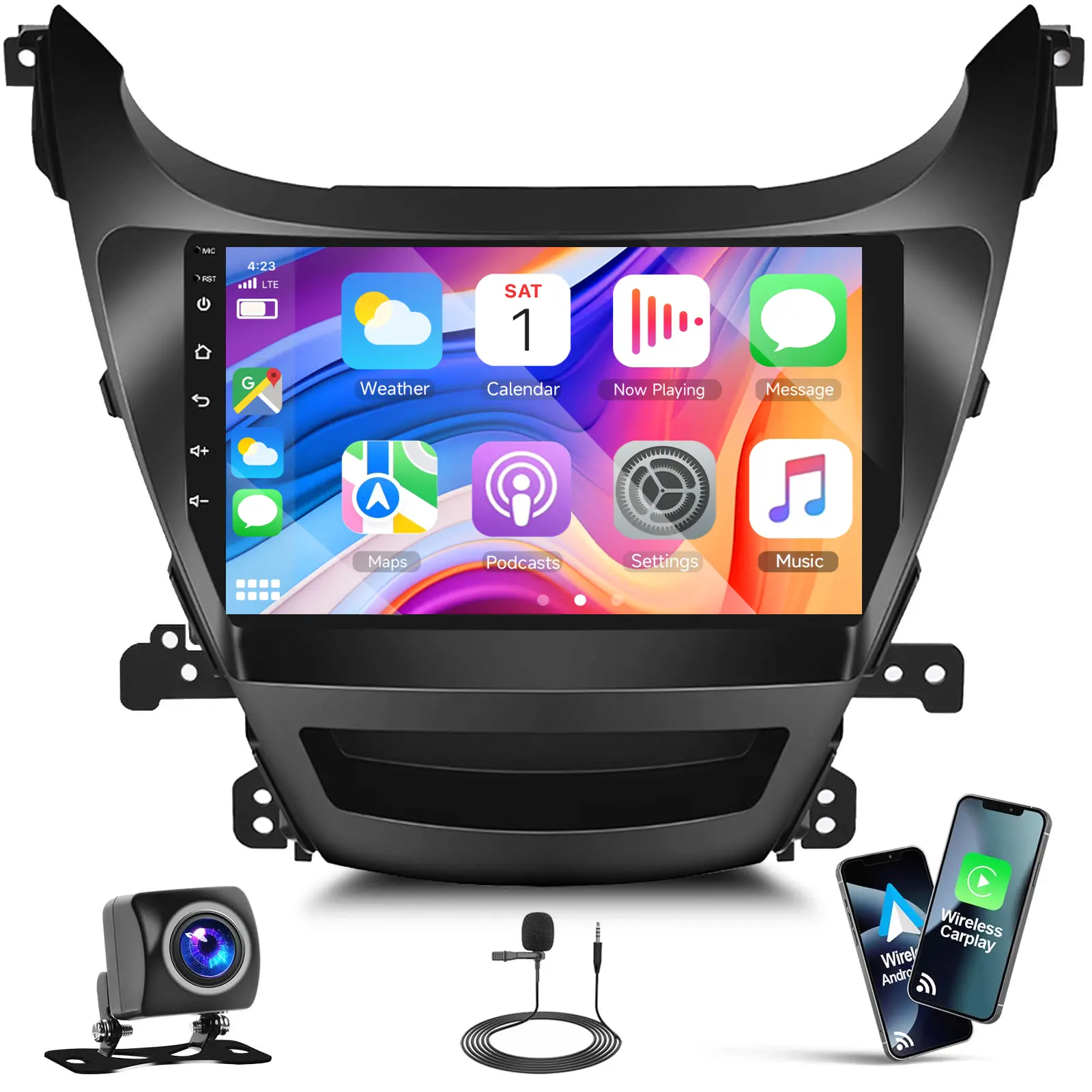 9 inch Touchscreen Android 15 Car Stereo (2+64G) for Hyundai Elantra 2014-2016, with Wireless CarPlay, Android Auto, Wi-Fi, GPS Navigation, Mirror Link, Bluetooth, EQ, FM, RDS, SWC, 1080p AHD Backup Camera, Cables, USB, Car Accessories, Father's Day Gift