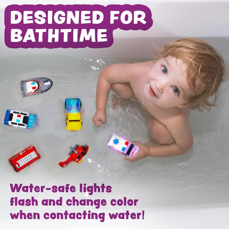 Emergency Cars Light Up Bath Toys, 6 Pack | Water-Activated Light Up Toys Flash & Change Color | Soft, Squeezable Baby & Toddler Bath Toys | Sensory Toys with Bath Lights for Kids Bath