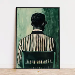 Unframed, Room Decor, Afrocentric Modern Decor, , Abstract Male Portrait, Black Man on Green Wall Art, Trendy Striped Printing, Bold Fashion Print – 5 Size, 8x12 to 27x40 inch