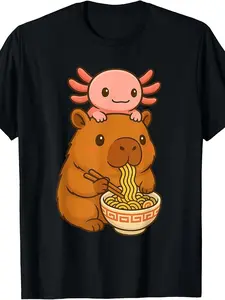 Funny Axolotl Noodle Anime Kawaii And Capybara Eating Ramen T-Shirt| Vintage Style, Crew Neck, Slight Stretch Fabric, Regular Fit, Perfect For Adults, All-Season Wear