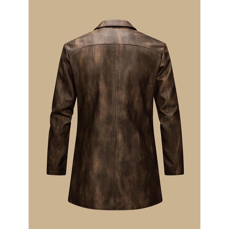 Autumn and winter men's overcoats, British industrial style PU long-neck suit jackets, retro motorcycle jackets, mid-length classic business casual gentleman's formal wear, riding style windproof jackets, designer's new high-end aged fabric, trendy b