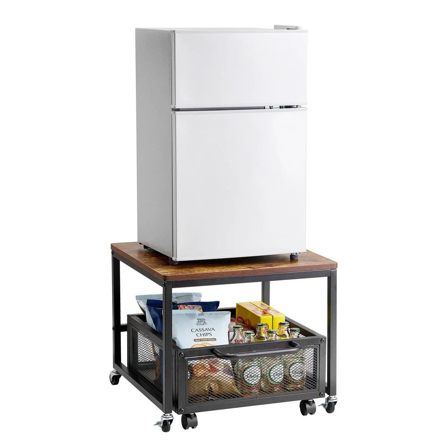 【Summerfinds】VEVOR Mini Fridge Stand with Storage 198lbs Cart & Swivel Wheels Light Brown