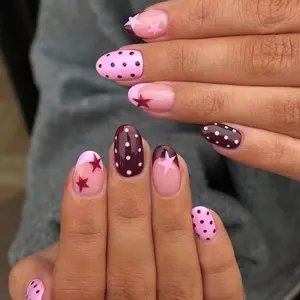 Change Your Nails, 24pcs Star Polka Dot Oval Press-On Nails with Jelly Glue and Nail File, Perfect for Festive Wear, Daily Use, School, Office, Party, Nail Art Design