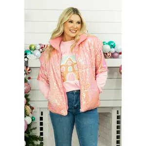 Sequin Puffer Vest, Pink