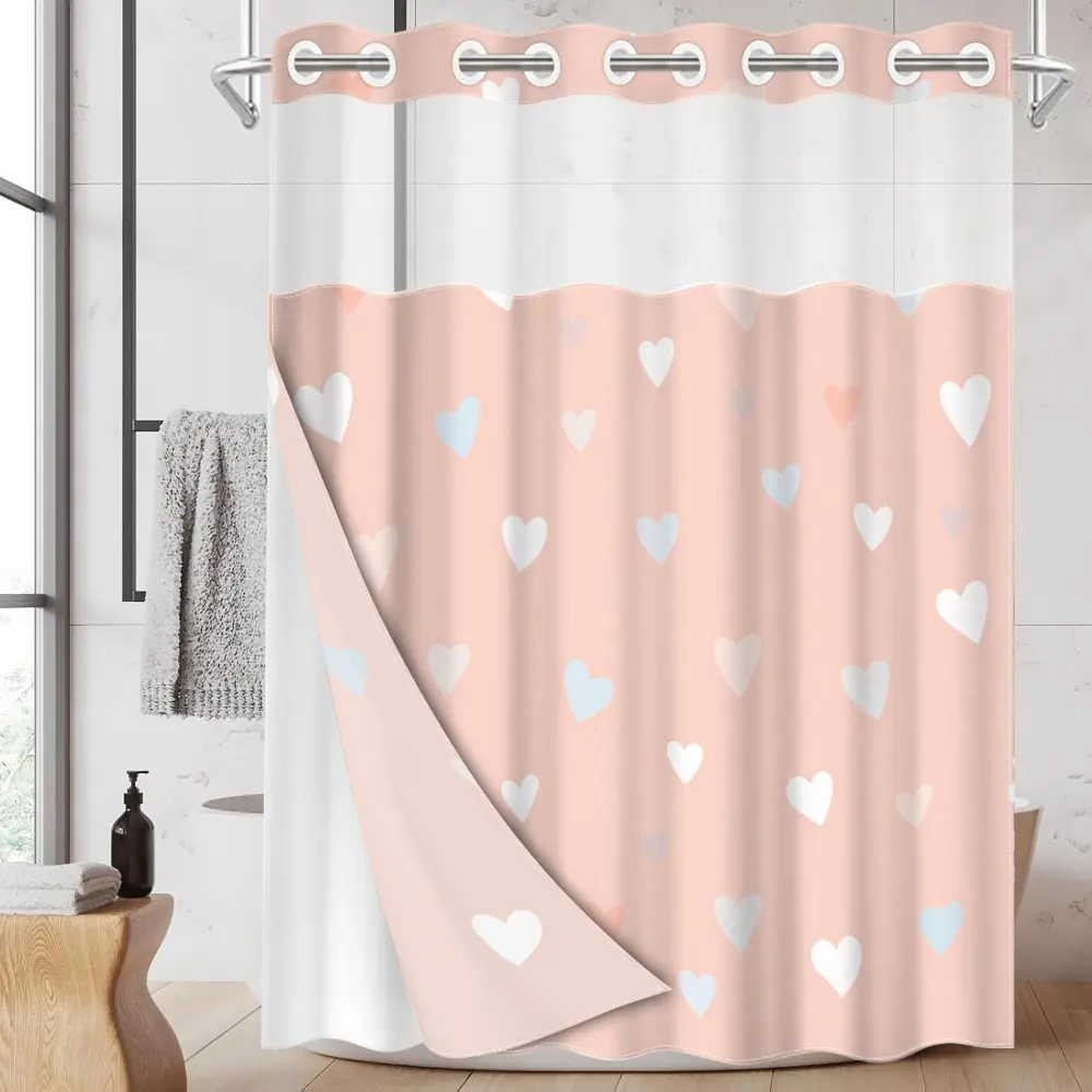 1pc hookless shower curtain with buckle lining, pink heart all-over design 2D flat printing, fabric waterproof lining, see-through double-layer shower curtain, 71 x 74 inches, Pretty shower curtain