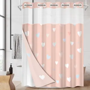 1pc hookless shower curtain with buckle lining, pink heart all-over design 2D flat printing, fabric waterproof lining, see-through double-layer shower curtain, 71 x 74 inches, modern home draping curtain.