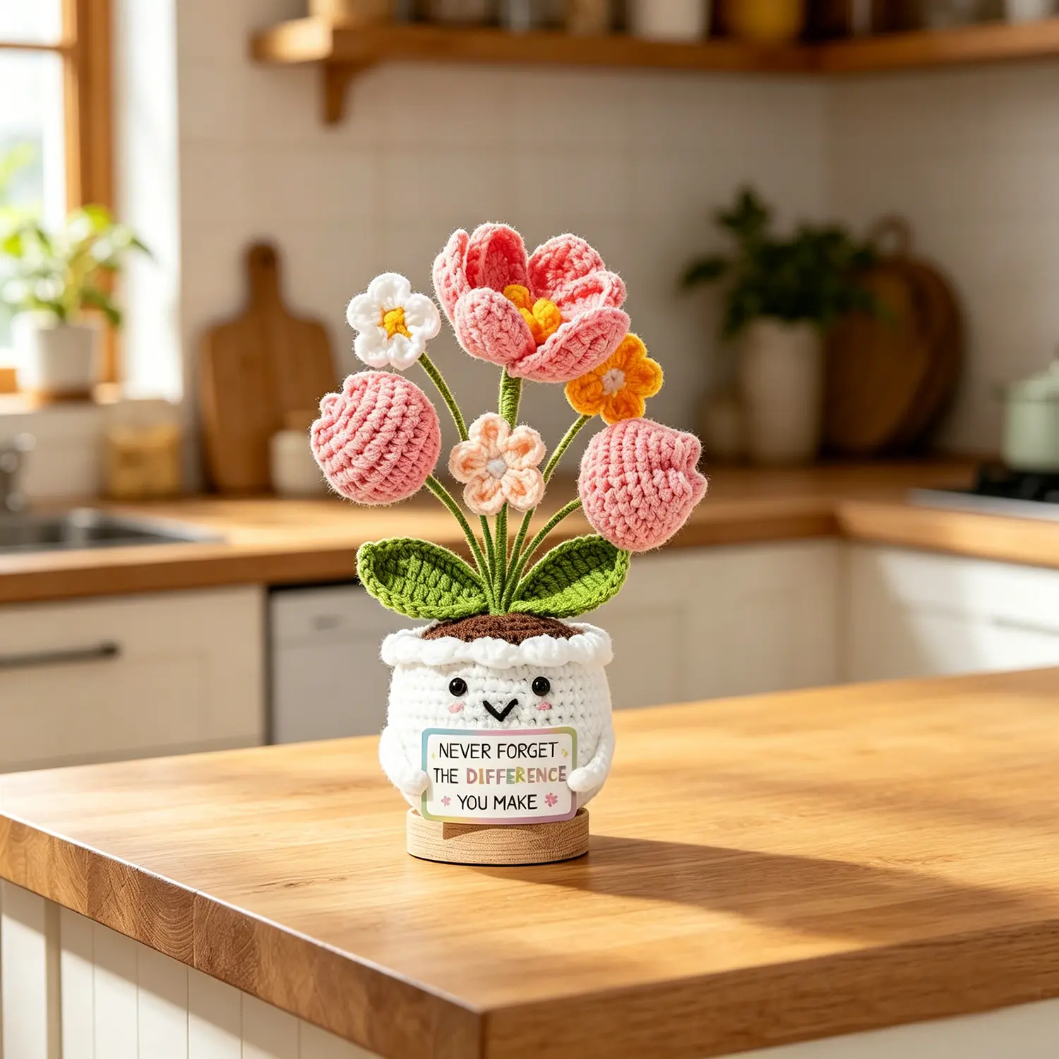 Hand-Knitted Eco-Friendly Cotton Decorative Potted Plant - Modest Nature-Inspired Cute Crochet Smiling Flower, Wooden Stand, Inspirational Sign, Daily Office Centerpiece, Boss Appreciation Gift (Black Friday Pick, Children's Day Option)