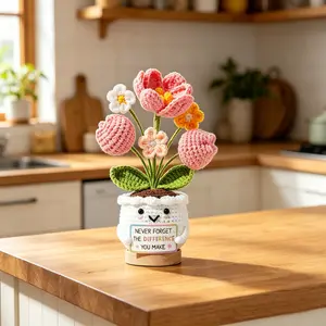 Aesthetic Hand-Knitted Flower Desk Accessories with Wood Stand, Cute Crochet Smiling Potted Plant with Inspirational Sign, Mentor Boss Farewell Gift, Social Worker Nurse Teacher Appreciation Gifts