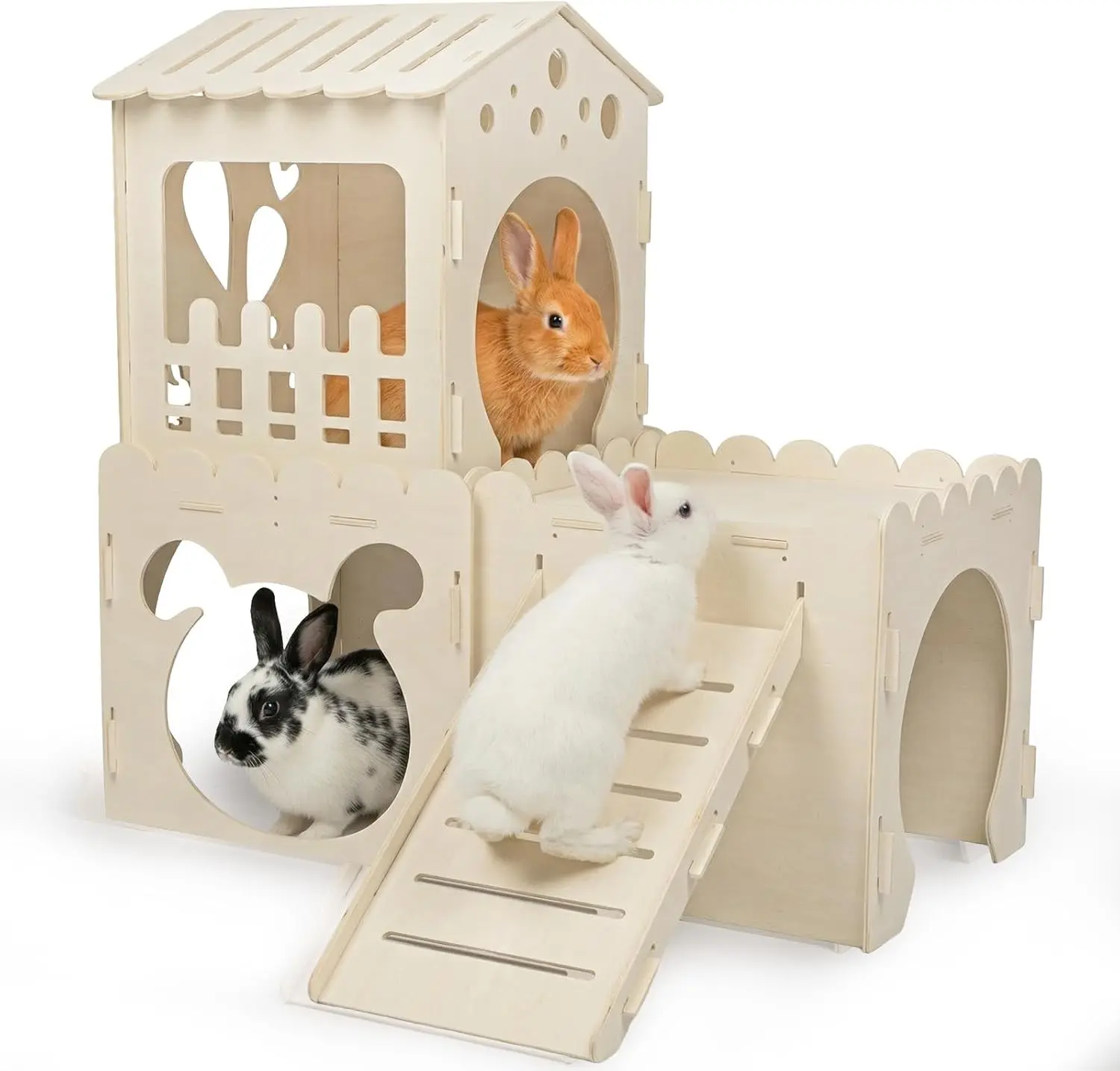 Extra Large Rabbit Castle, Wooden Bunny House &,Detachable Rabbit Hideaway, Indoor Hamster Castle with Ramp, Small Animal Houses & Habitats for Guinea Pig Chinchilla Ferret(3 House)