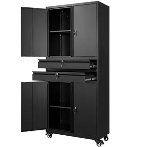 Letaya Metal Garage Storage Cabinet with Wheels 0.8mm Steel 4 Lockable Wheels 2 Adjustable Shelves 2 Drawers Black for Home Office Utility Room summervibes