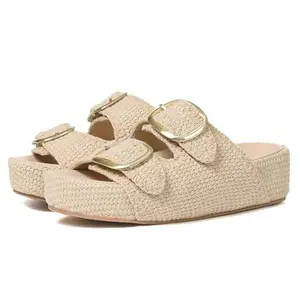 Platform Sandals For Women Raffia Espadrilles Open Toe Flatform Slip On Slide Casual Woven Summer Beach Sandals