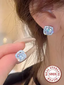 S925 Sterling Silver Sparkling Square Cubic Zirconia Stud Earrings for Women - Luxury Shiny Crystal Ear Jewelry for Party & Daily Wear, Hypoallergenic Design, Hypoallergenic CZ Earrings
